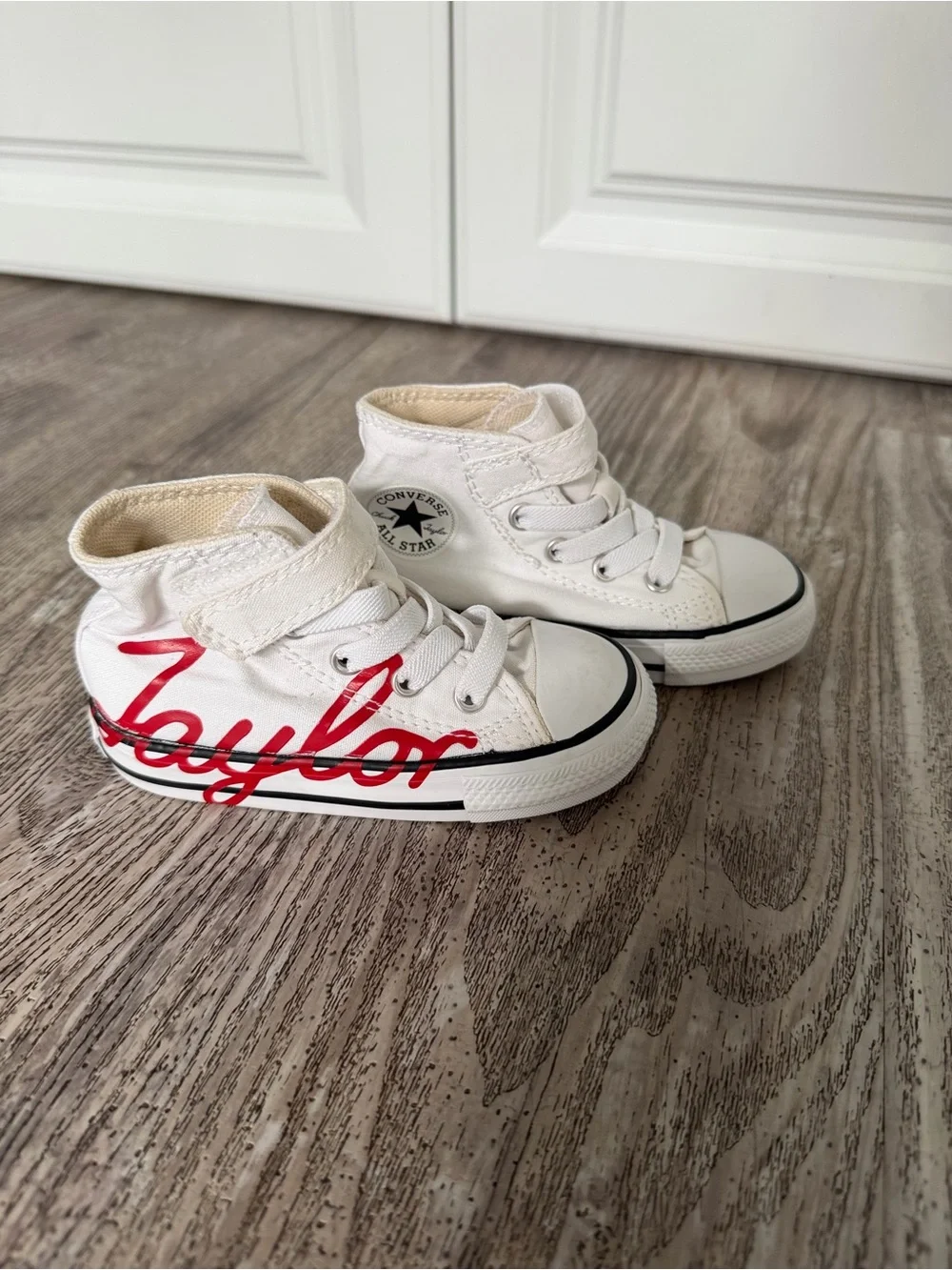 Converse White High-Top Kids Sneakers with Red Script